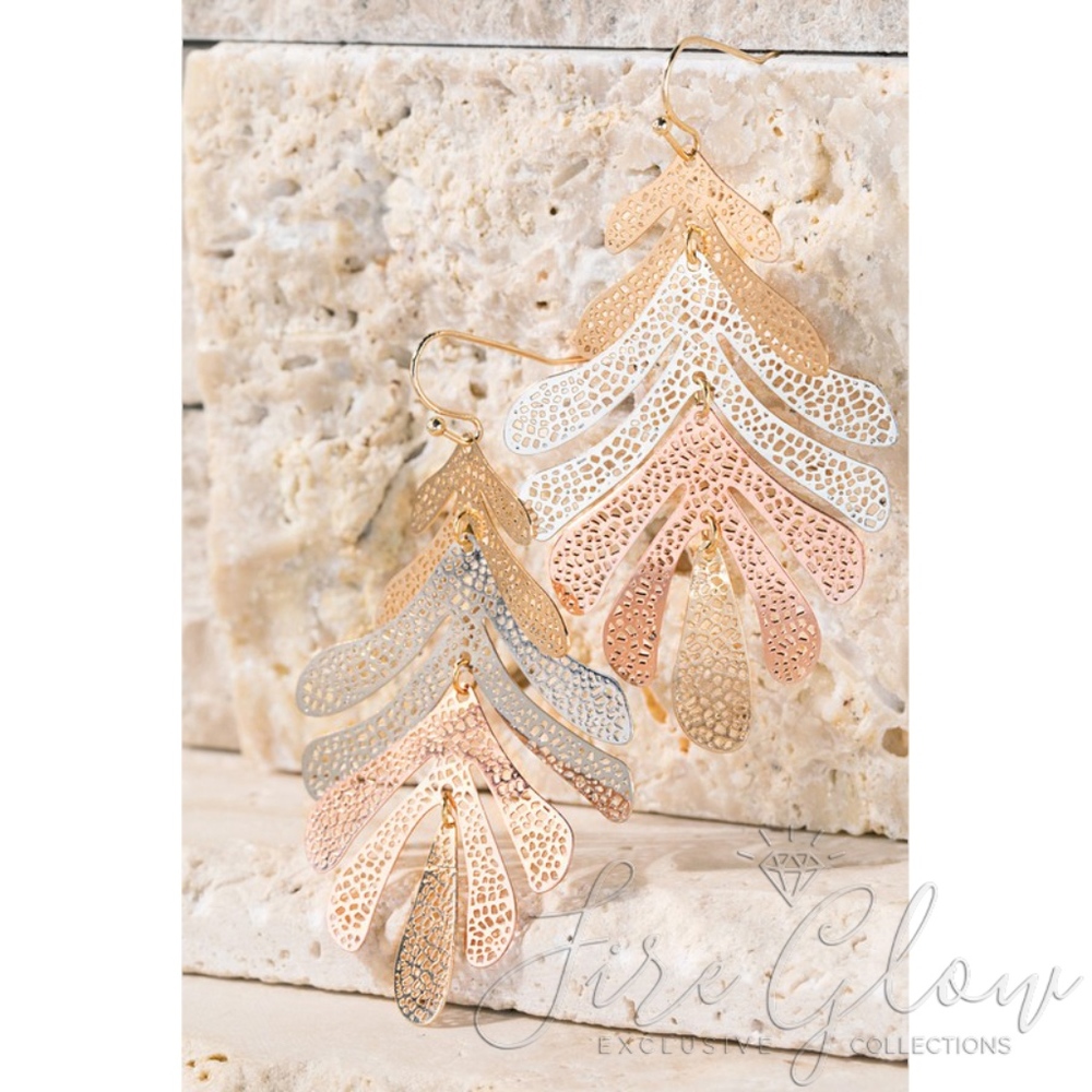 Multi tone Gold, Silver, Rose Gold Leaf Earrings - Picture 2 of 7